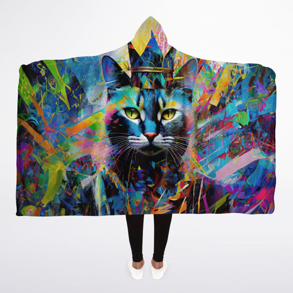 Vibrant Cat Hooded Fleece Blanket - Ultra-Soft and Boldly Unique