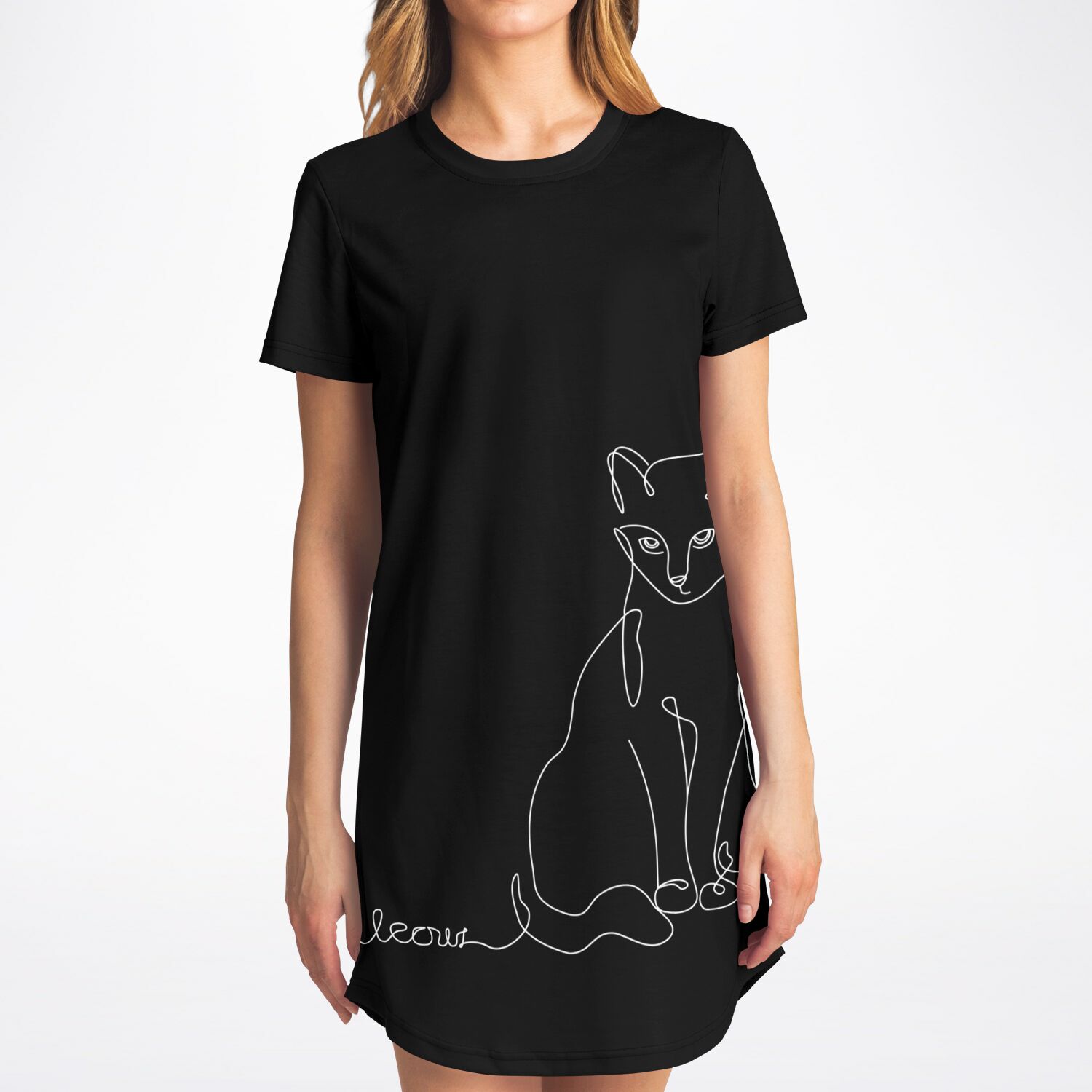 Chic Black Line-Art Cat T-Shirt Dress - Stylish, Comfy, and Timeless - feline-inspired fashion