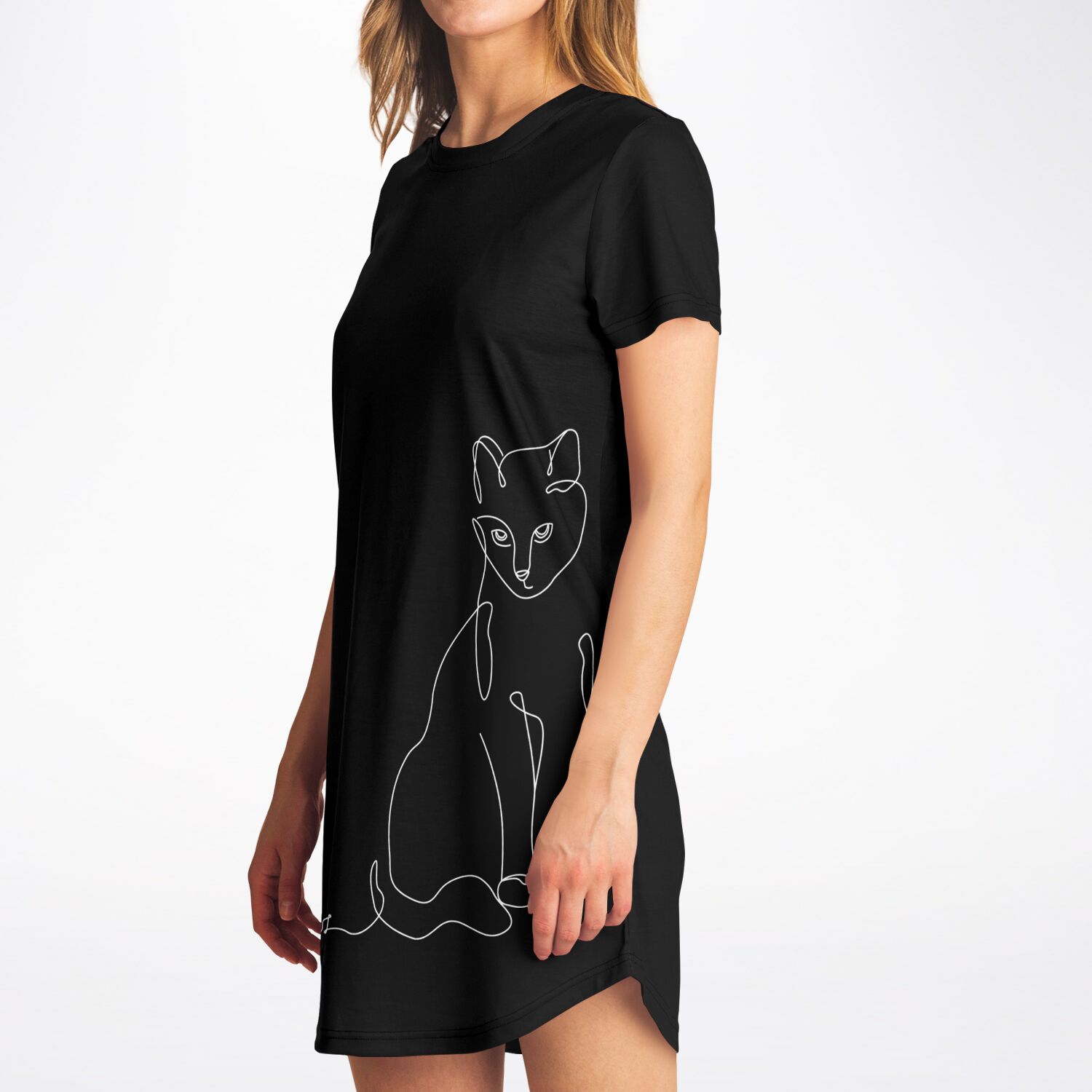 Chic Black Line-Art Cat T-Shirt Dress - Stylish, Comfy, and Timeless - feline-inspired fashion