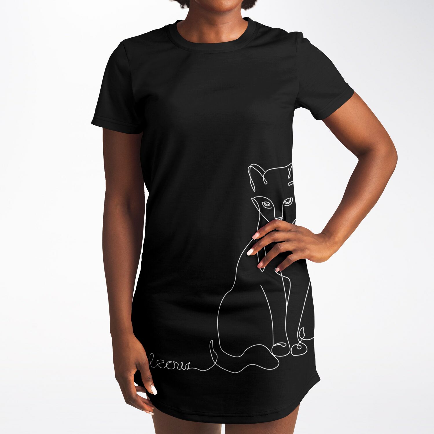 Chic Black Line-Art Cat T-Shirt Dress - Stylish, Comfy, and Timeless