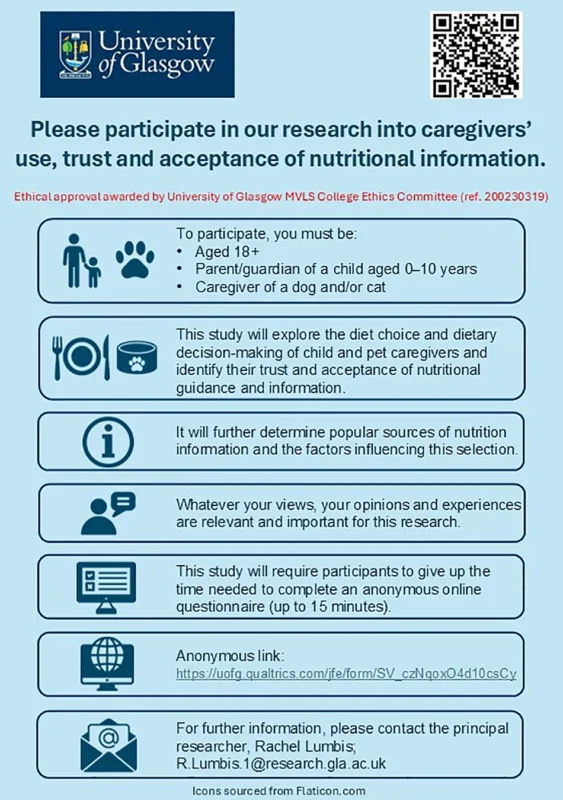 University of Glasgow flyer inviting caregivers to join cat nutrition research study on trust and nutritional information.