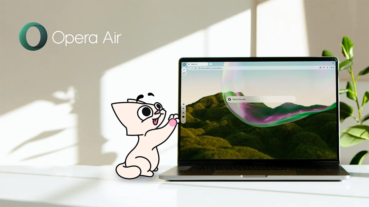Opera Air cartoon cat interacting with a laptop displaying the Opera Air browser start page.