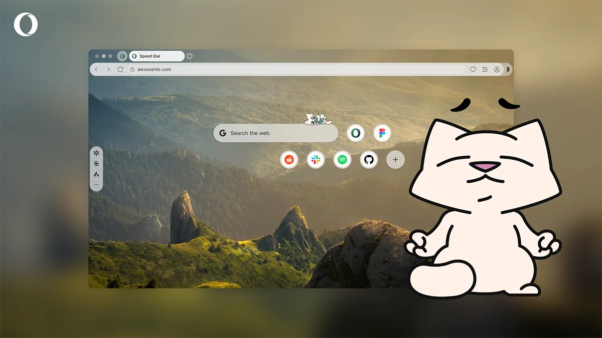 Opera Air browser interface with a meditating cartoon cat floating above a mountain landscape background.