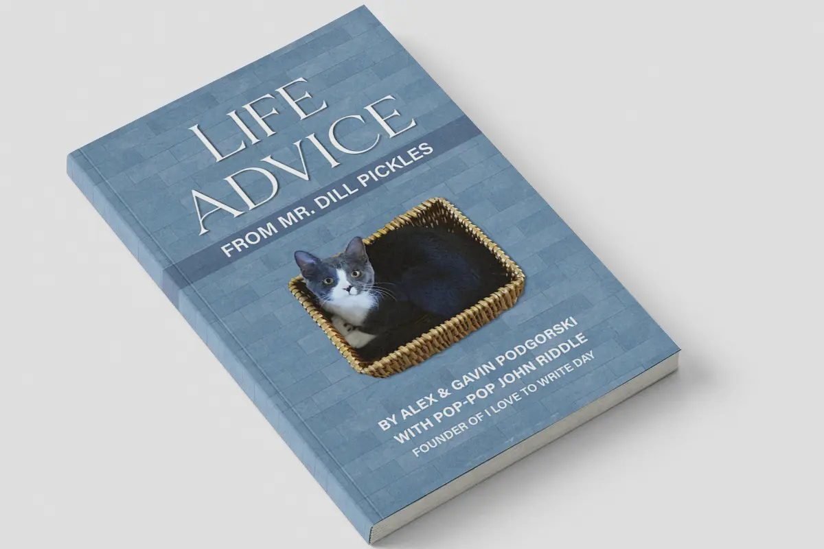 Book cover of Life Advice from Mr. Dill Pickles showing a grey and white cat sitting in a wicker basket.