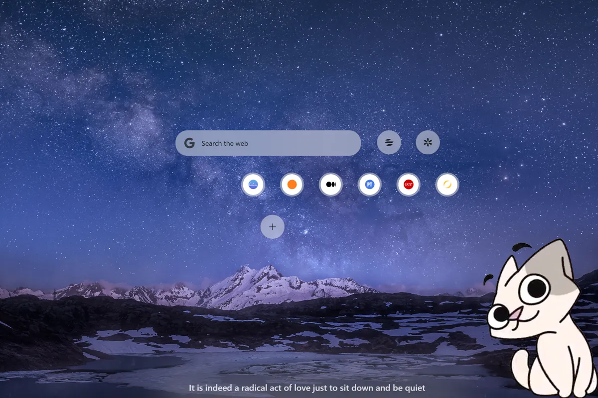 Opera Air browser with a snowy mountain and starry sky background, featuring the cat mascot Inara peeking curiously from the lower-right corner.