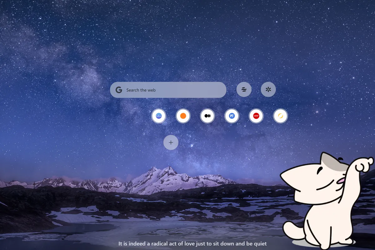 Opera Air browser with a starry night sky background and the cat mascot Inara in the lower-right corner sniffing her paw calmly.