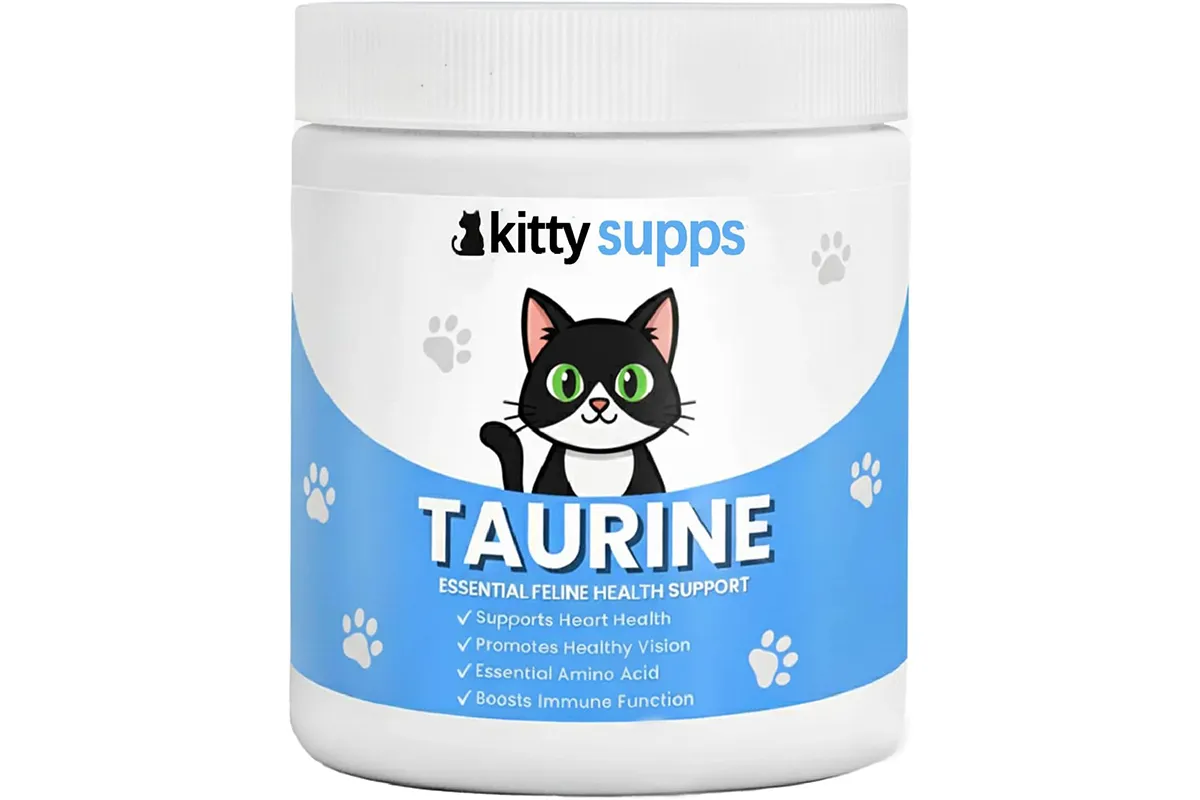 aurine supplement for cats in a white and blue container, essential for feline heart and eye health.