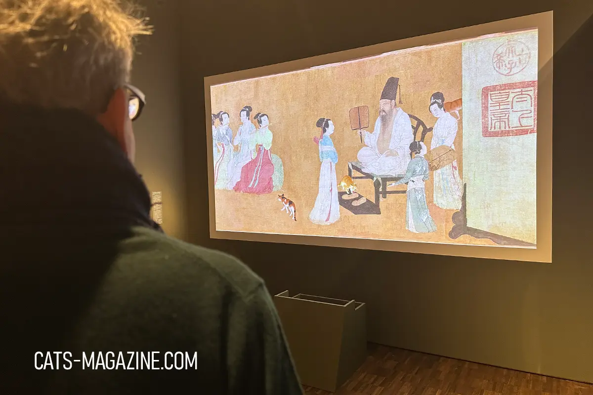 Visitor watching an animation video about cats in China at the CATS! exhibition in MARKK Hamburg, featuring animated scenes inspired by historical Chinese art with scholars, women, and small cats.