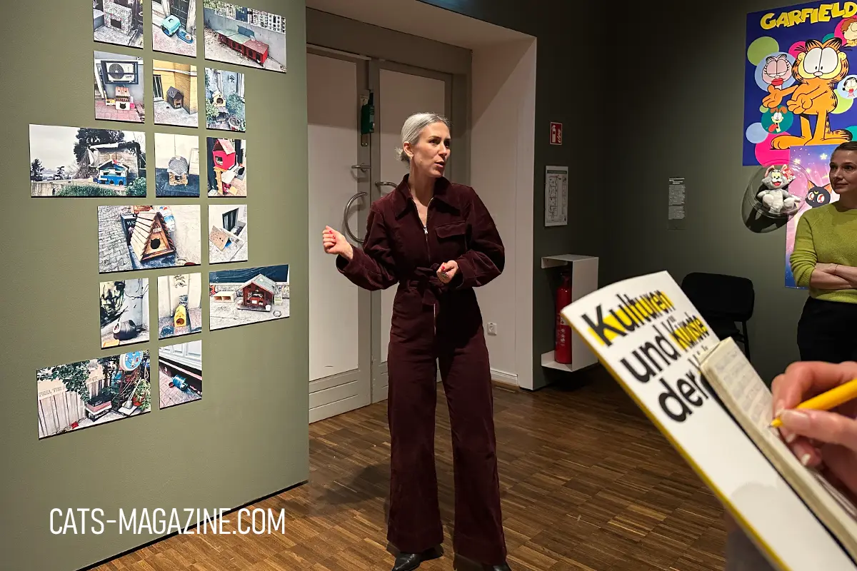 Curator presenting a wall of photographs documenting cat shelters and street-cat houses in Istanbul at the CATS! exhibition in MARKK Hamburg.