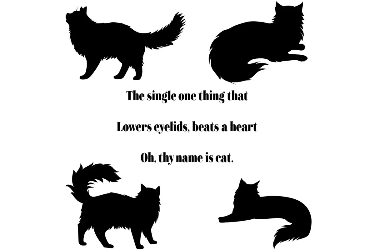 Black silhouettes of cats in different resting and standing poses surrounding a short poetic text about cats on a white background.