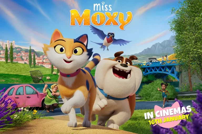 Miss Moxy animated movie poster featuring a cat, a dog, and a bird on a journey across Europe