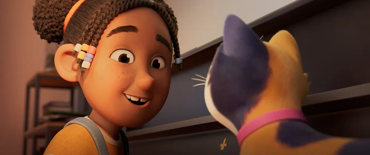 Miss Moxy animated movie scene with a child holding a cat on a bed