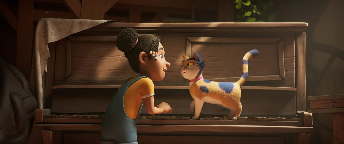 Miss Moxy animated film scene with a young girl and a cat standing on a piano