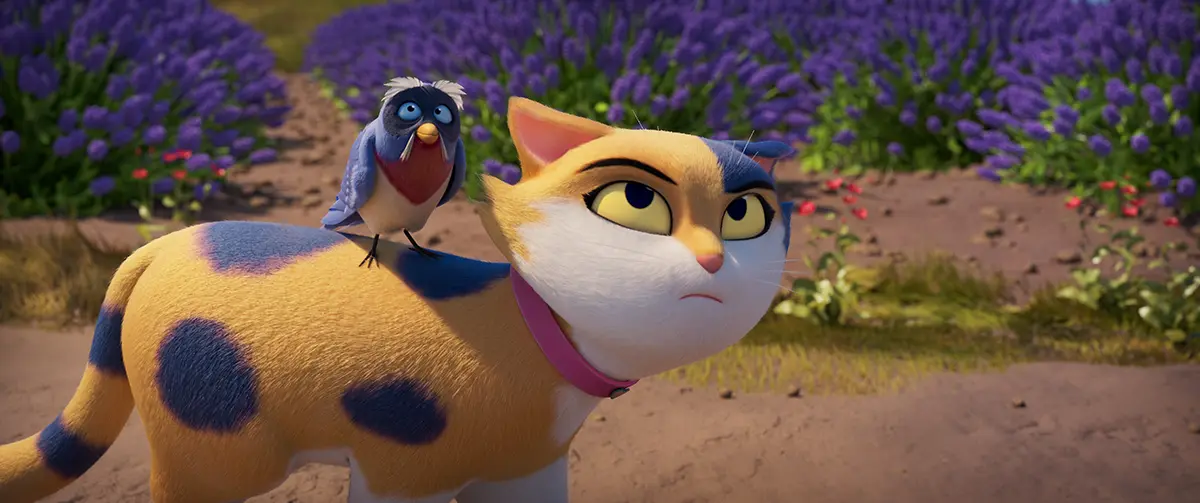 Miss Moxy animated movie showing a cat walking through a lavender field with a bird on her back