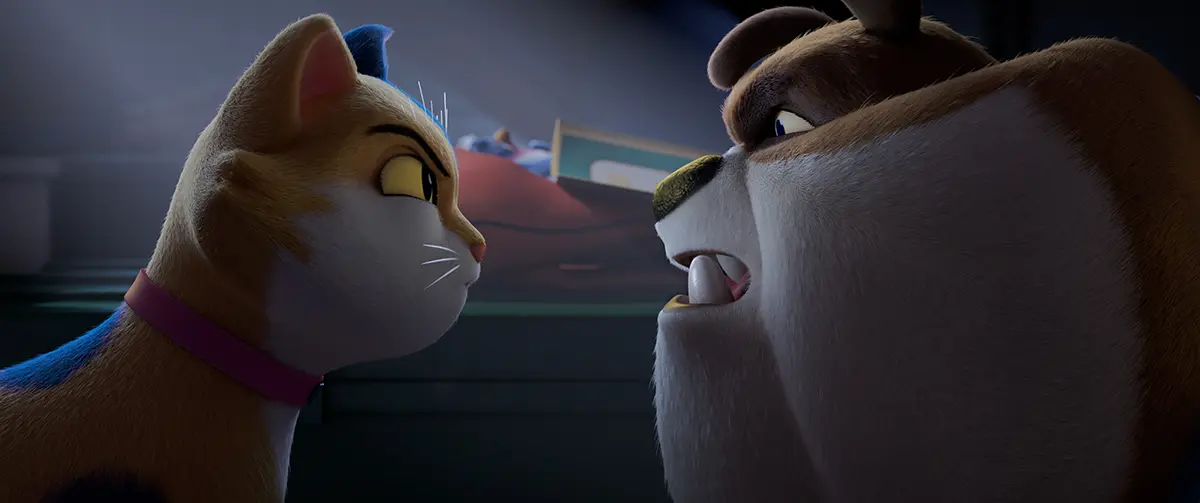 Miss Moxy animated film scene showing a cat facing a large dog indoors