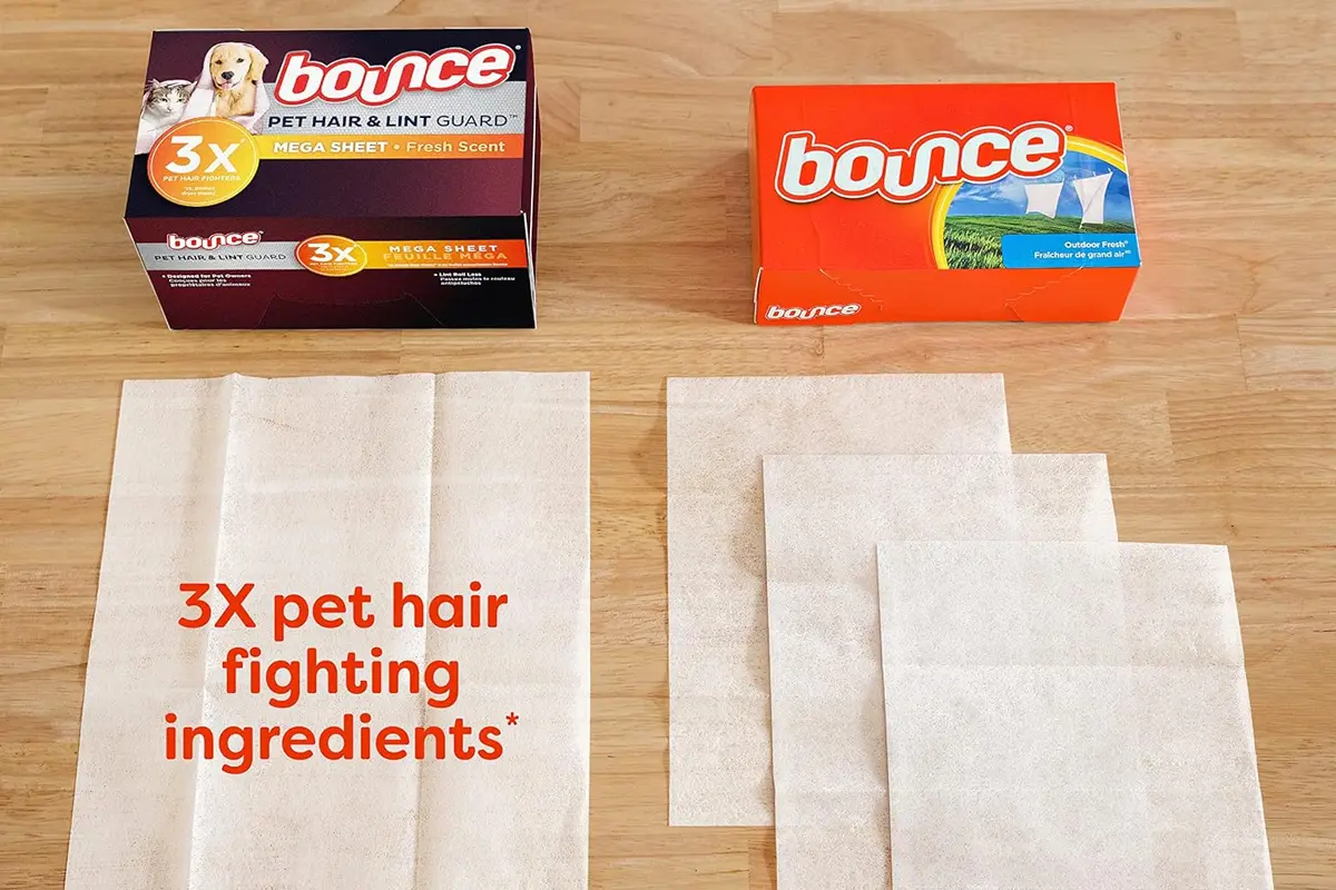 Bounce Pet Hair and Lint Guard dryer sheets compared with regular dryer sheets for pet hair control