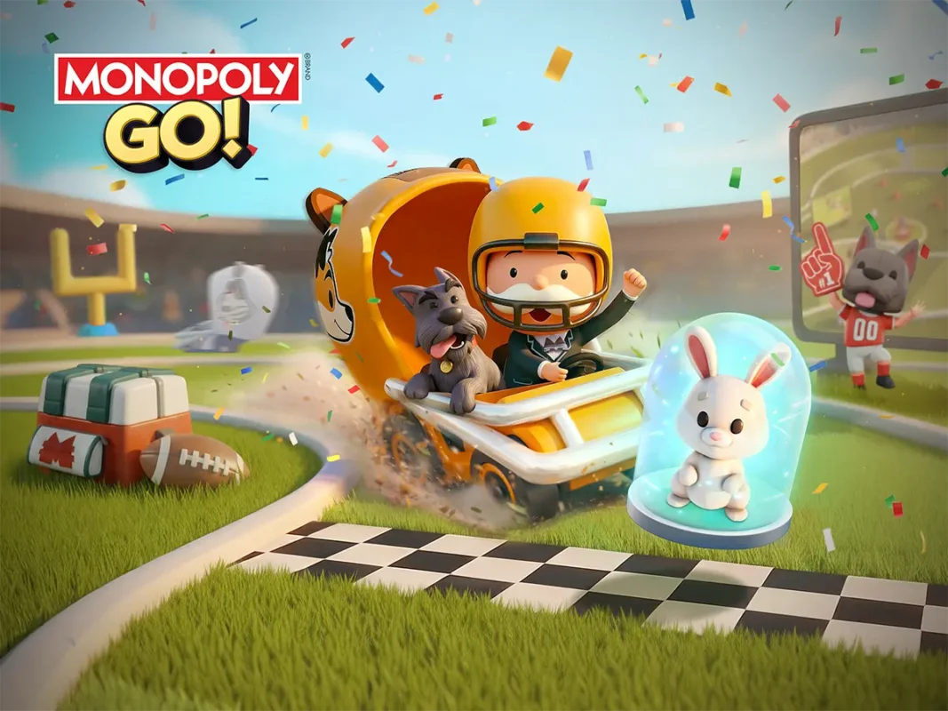 MONOPOLY GO Pets Season illustration showing a celebratory scene with animal characters