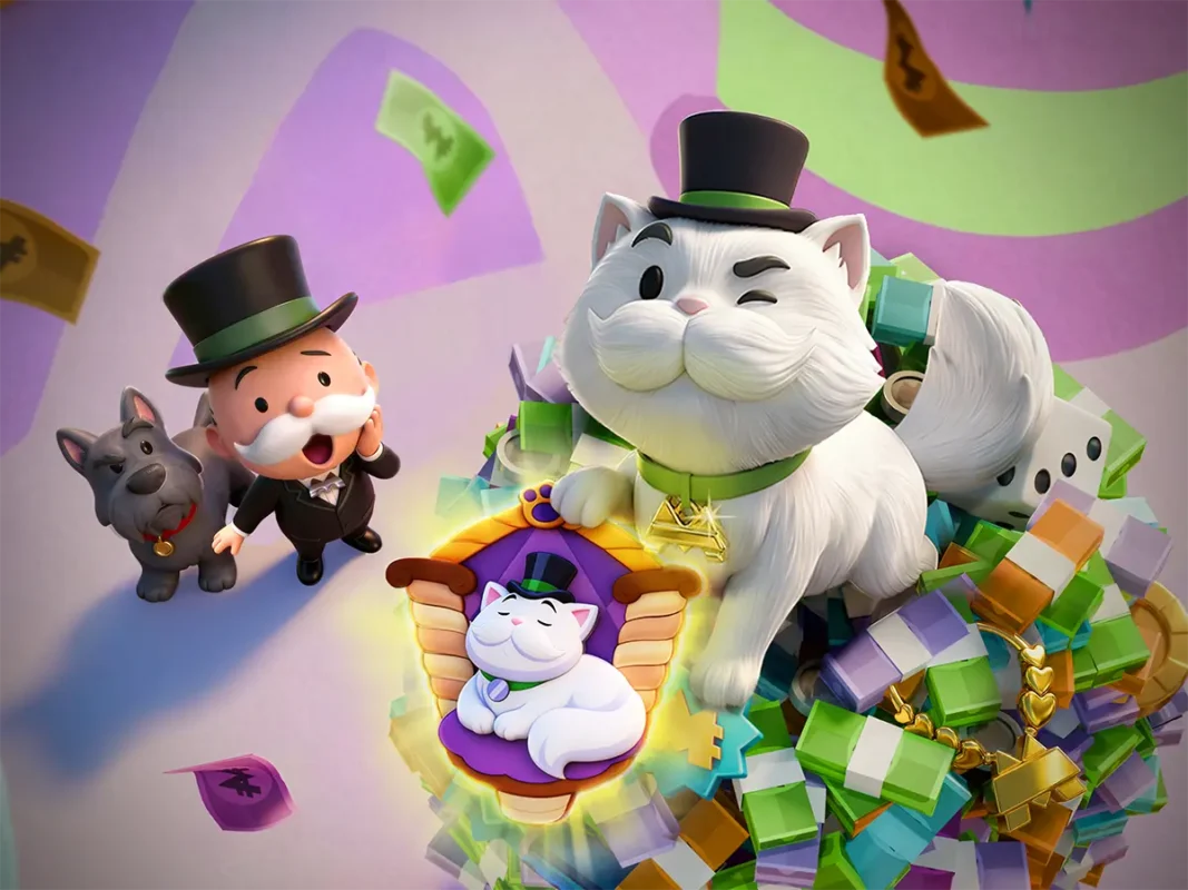 MONOPOLY GO Pets Season image with Mr. Monopoly and animal companions on a pile of game money
