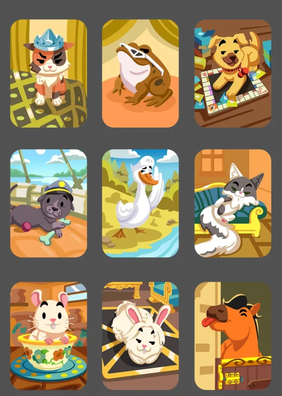Grid of animal character tiles from MONOPOLY GO Pets Season