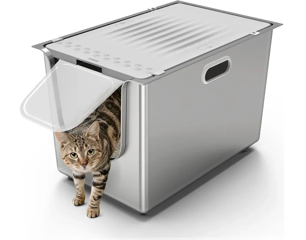 Covered stainless steel cat litter box with lid and front door, leak-proof enclosed litter tray for cats