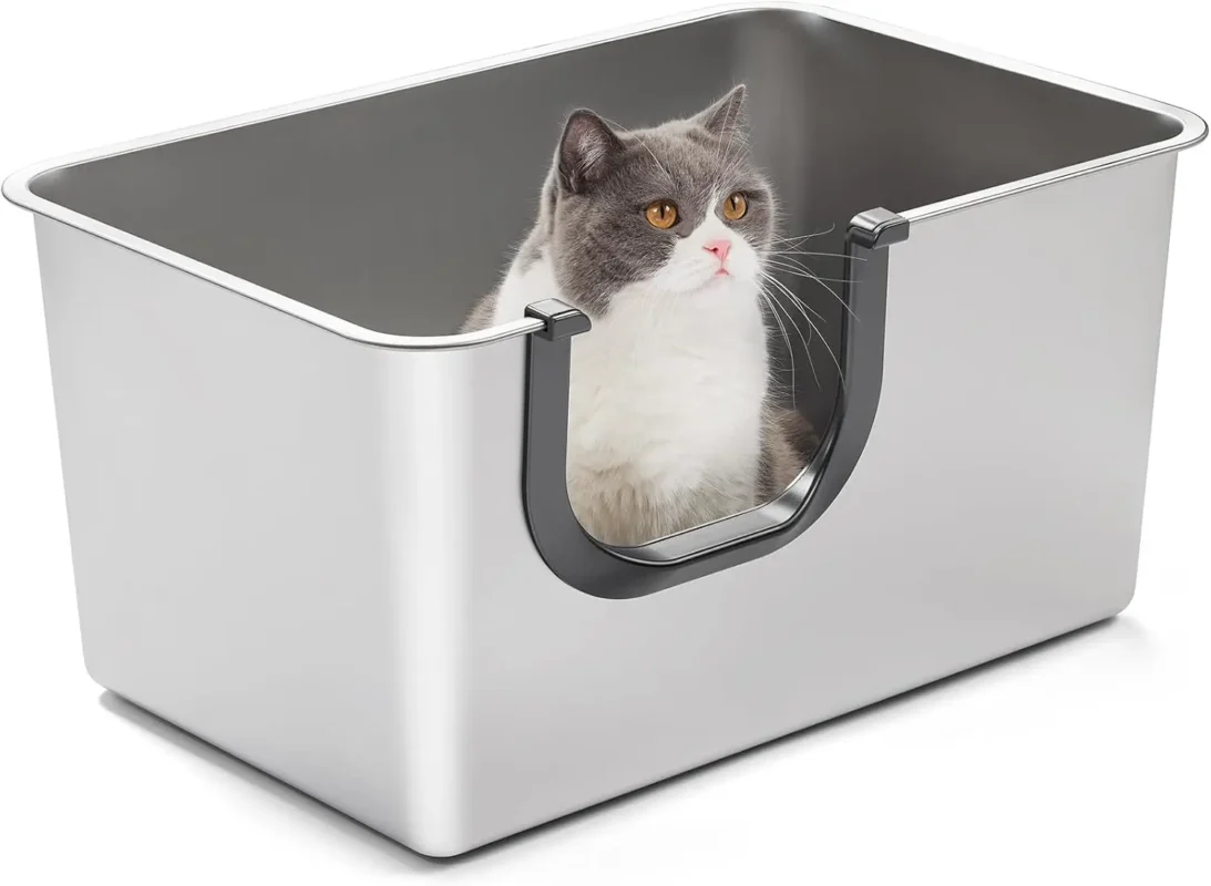Stainless steel cat litter box with open top and high sides, modern odor-resistant litter tray for cats