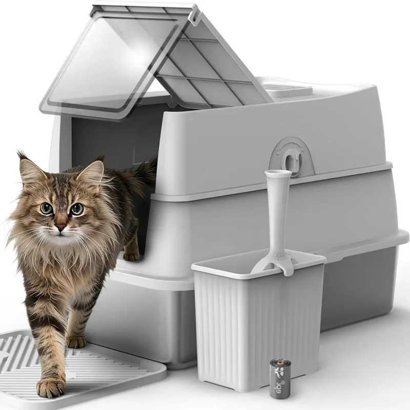 Enclosed stainless steel cat litter box with top-opening lid, front entry, scoop, and leak-proof high-sided design