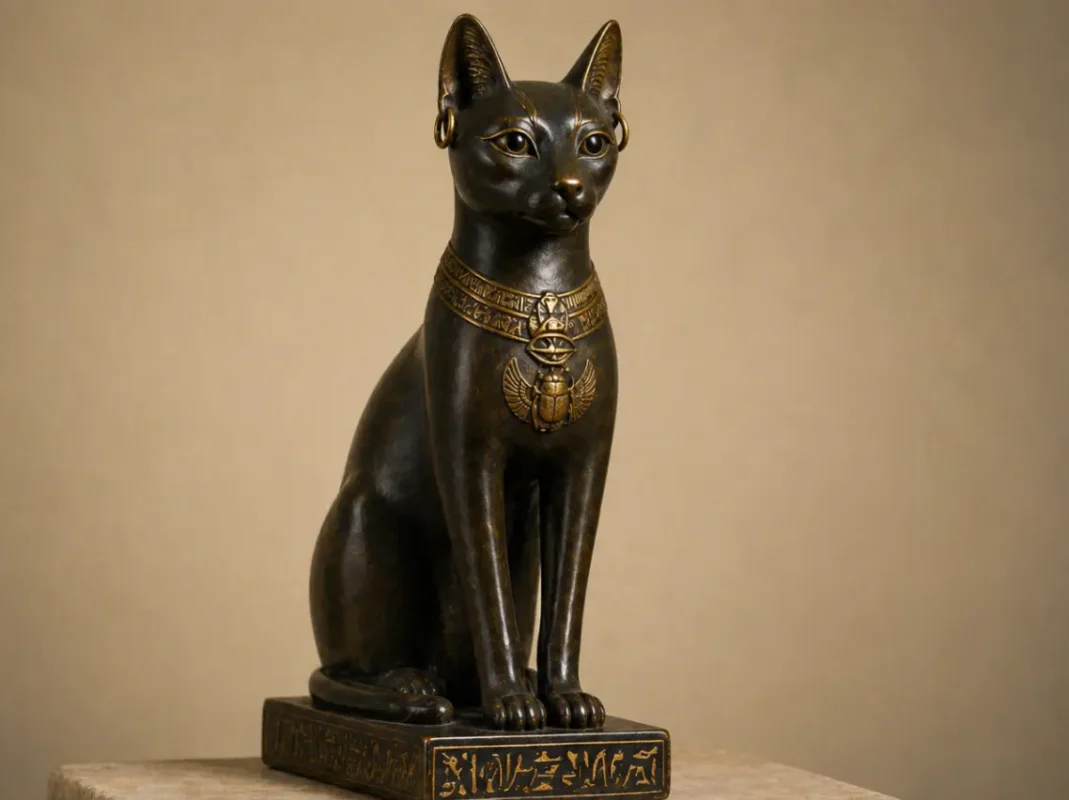 Ancient Egyptian statue of Bastet depicted as a black cat seated with calm authority