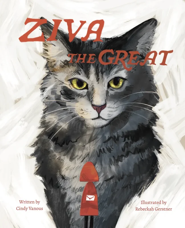 Cover of Ziva the Great, featuring an illustrated grey cat and a small child in a red coat.